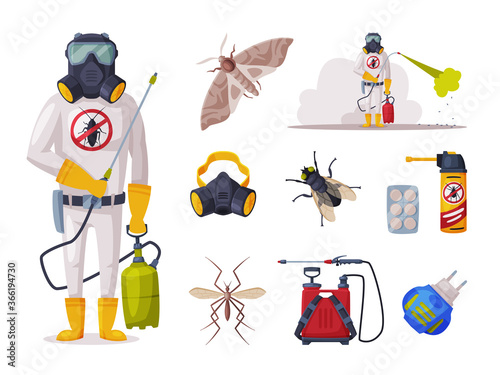 Home Pest Service, Exterminator Wearing Protection Uniform with Exterminating and Protecting Equipment Vector Illustration
