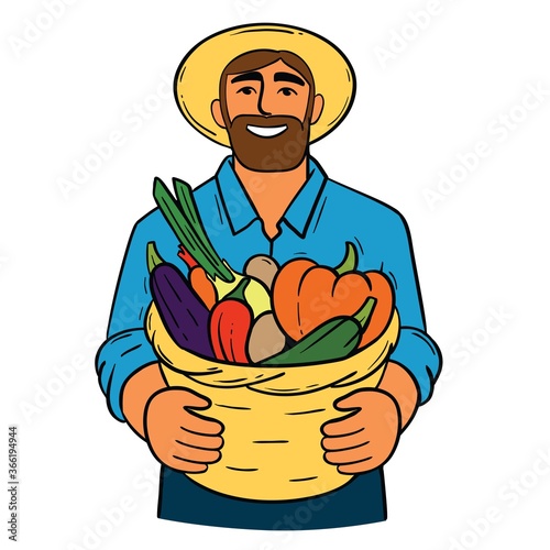 man in hat holding full basket of vegetables flat illustration. farmer and his harvest