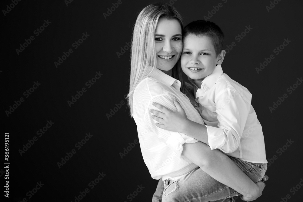 Mother and son. Black and white photo. High quality photo Mother and son. Black and white photo. High quality photo