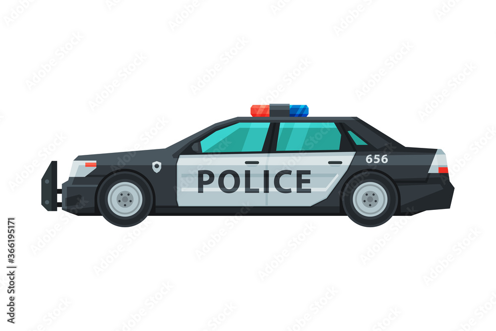 Police Sedan Car, Emergency Patrol Vehicle, Side View Flat Vector Illustration Police Sedan Car, Emergency Patrol Vehicle, Side View Flat Vector Illustration