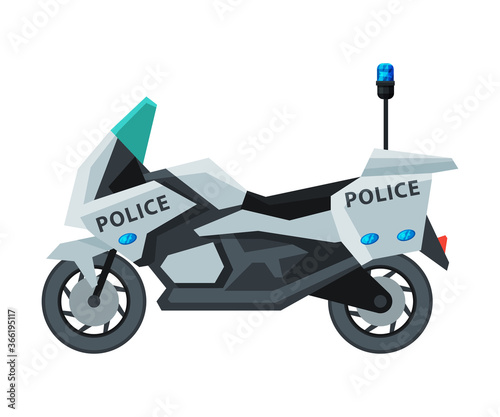 Police Motorcycle, Emergency Patrol Vehicle, Side View Flat Vector Illustration
