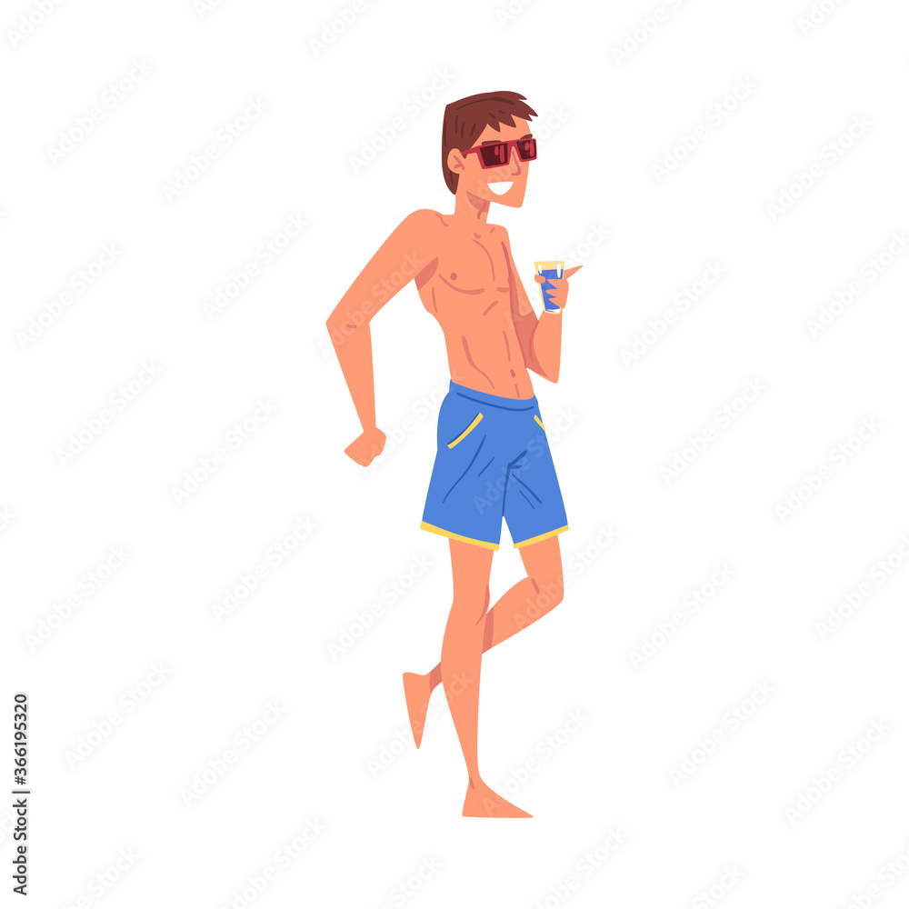 Happy Young Man Drinking Cocktail Enjoying Summer Vacation Cartoon Style Vector Illustration on White Background Happy Young Man Drinking Cocktail Enjoying Summer Vacation Cartoon Style Vector Illustration on White Background