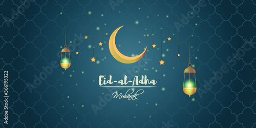 vector illustration of greeting for Eid Mubarak text means Eid Mubarak, golden shiny moon, concept for festive background 