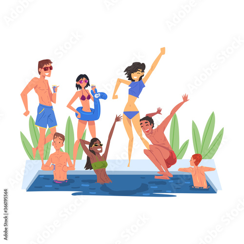 Swimming Pool Party  Happy Young Men and Women Having Fun Outdoors Enjoying Summer Vacation Cartoon Style Vector Illustration
