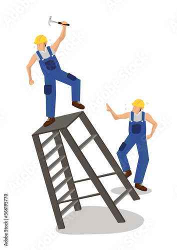 Worker falling from ladder. Workplace accident or construction safety concept.