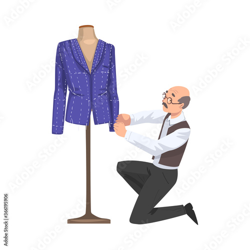 Male Tailor Adjusting Jacket on Mannequin, Clothing Designer Tailor Working at Atelier Creating Outfit Vector Illustration