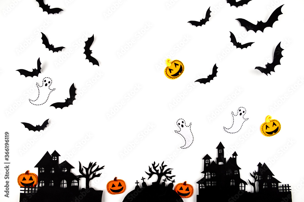 Halloween mock up concept.  Flying black paper bats , pumpkins and ghosts on white background.
