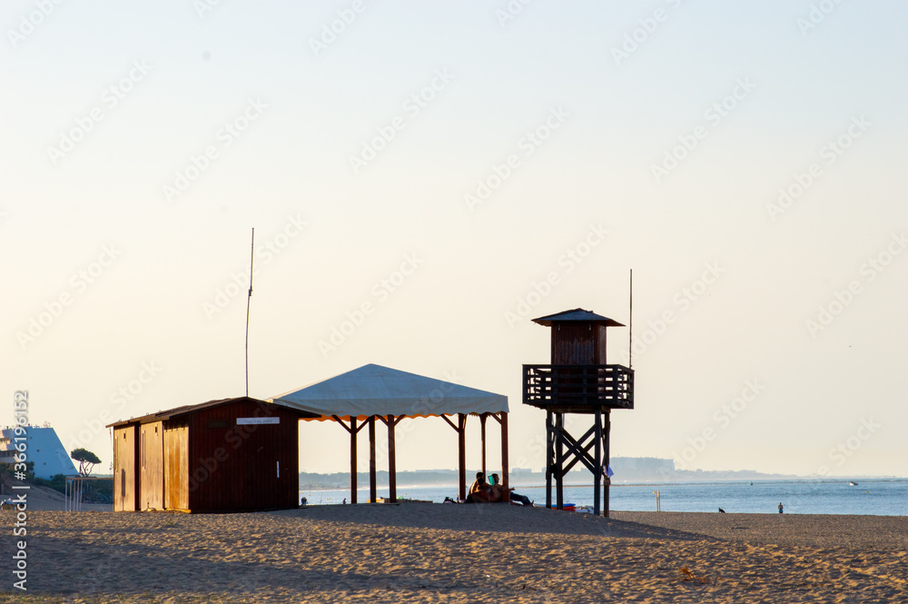 Dawn in a lifeguard tower by the sea in a beach of Andalusia