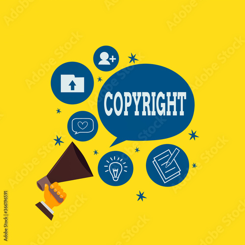 Conceptual hand writing showing Copyright. Concept meaning exclusive legal right to print write perform film record literary Hand Holding Megaphone Talking Different Topic Speech Bubble