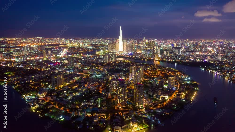 Aerial hyper lapse Vinhomes Landmark 81 at night with view from Thao Dien Ward of District 2