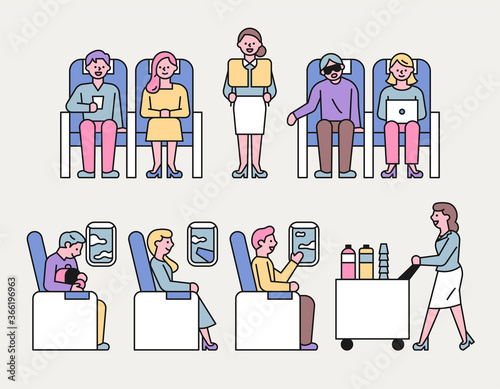 Flight attendants and passengers inside the plane.