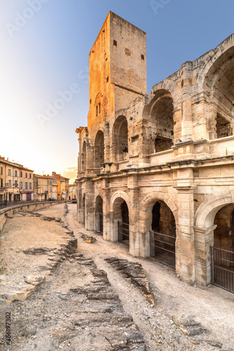 Fotografie, Obraz Wide angle view of the Roman arena in the french city of Arles at sunset