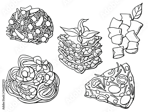Italian national cuisine. Set of black and white linear dishes. Lasagna, Frittata, Pasta, Risotto, Gnocchi. White background, isolator. Stock illustration.