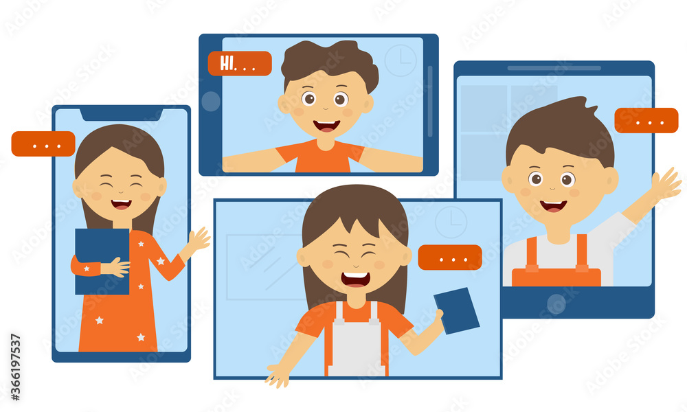 Online concept ,Children using tablet and mobile phone for video call with friend talking about studying. Children happy smile using internet technology. Stay at home. Vector cartoon kid illustration Online concept ,Children using tablet and mobile phone for video call with friend talking about studying. Children happy smile using internet technology. Stay at home. Vector cartoon kid illustration