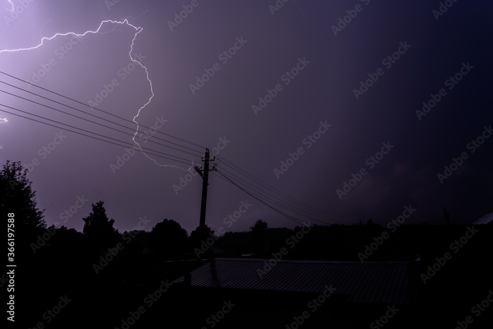 A bright flash of lightning against the dark purple night storm sky> A bright flash of lightning against the dark purple night storm sky>