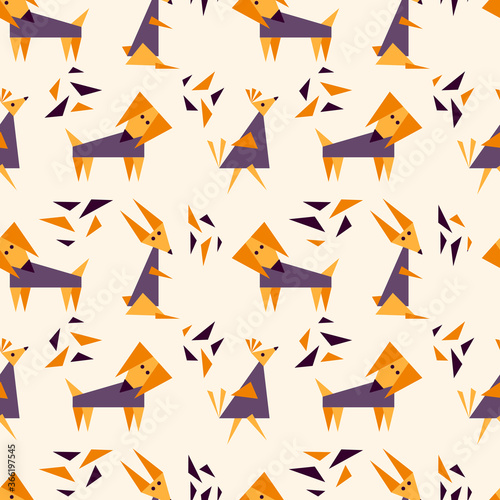 Children's seamless pattern and dog, hare and bird. Fun geometric background for fabric, Wallpaper and other surfaces.
