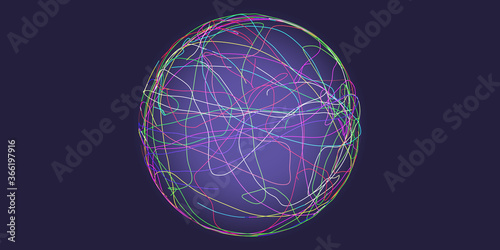 Abstract sphere from colourful curved lines in dark. Modern vector graphic design.