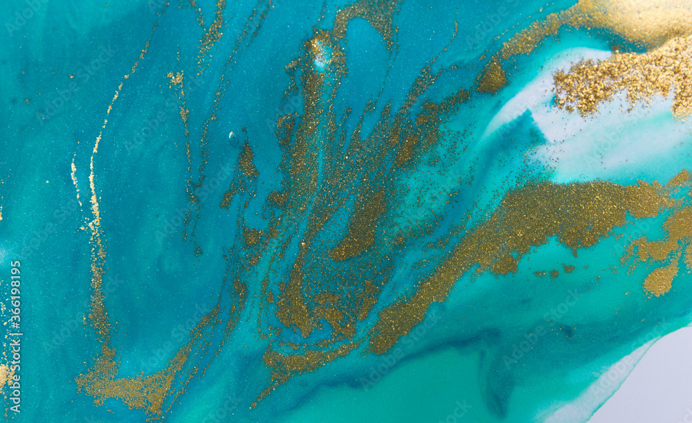 Aquamarine pattern with golden splashes on white background.