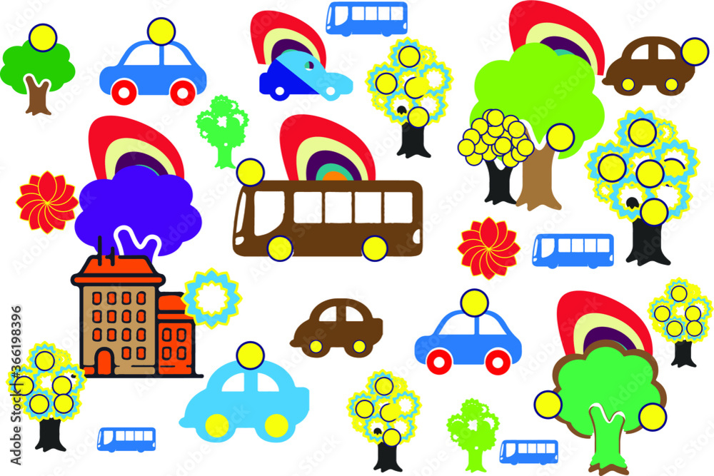 seamless pattern with cars, tree, house, flower, shape