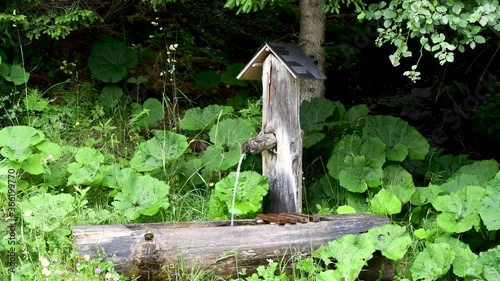 Holzbrunnen am Wegesrand in den Bergen spendet erfrischendes Trinkwasser für Wanderer photo