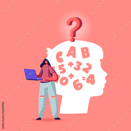 Dyslexia Disease Diagnosis Concept. Female Character Teenager with Laptop in Hands Stand at Huge Child Head Silhouette