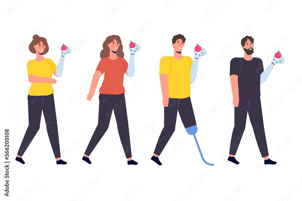 Obraz premium Disabled people with disabilities and prosthesis. Character witth a Bionic arm. Vector illustration