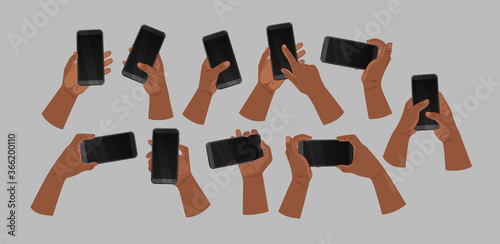 Hands of African American people holding phone and touch phone, business concept, flat design. Vector Illustration