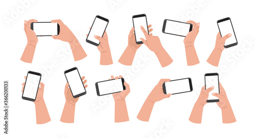 Cartoon hands and mobile phone. Hand of man holding phone and touch phone, business concept, flat design White background