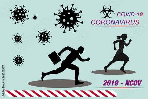 People fleeing the virus. Сoncept of the spread of coronavirus. Panic of man. Pandemic, biohazard. COVID-19. Vector illustrate. Silhouette of people.