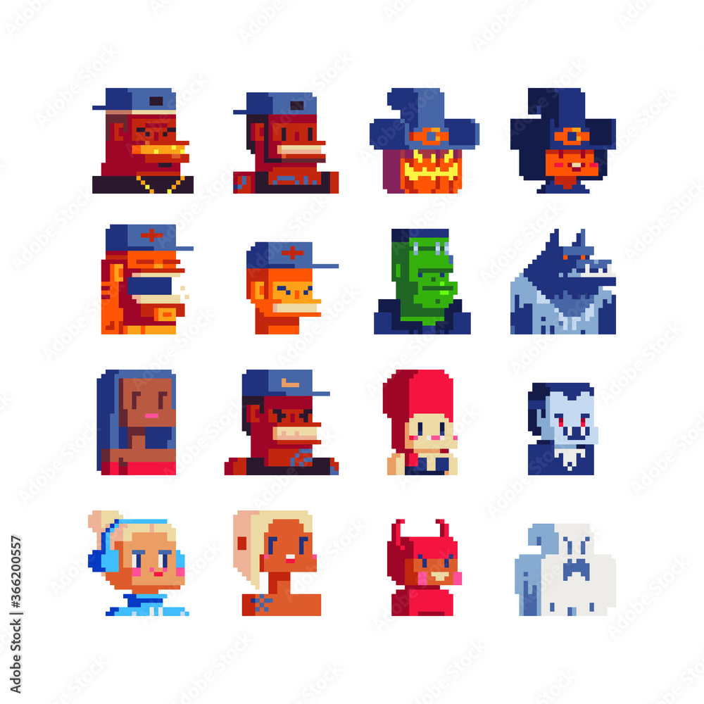Pixel art different characters set, abstract avatar profile faces, Halloween party, man and woman colorful vector minimalistic style illustration.  Design for sticker, web, logo. 