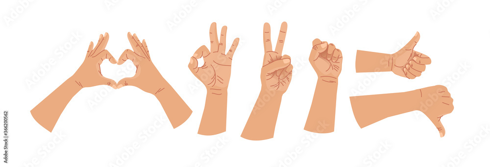 Hands human gestures set. Caucasian different human finger gesture signs collection isolated vector illustration