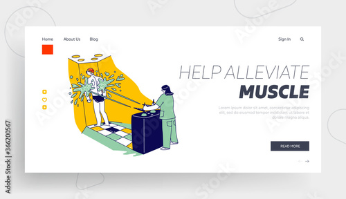 Male Character Apply Hydromassage Landing Page Template Man Have High Pressure Massage with Charcot Shower in Sanatorium