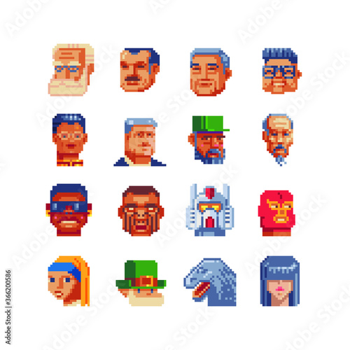 Pixel art different characters, abstract avatar profile faces, pixel art people set design, man and woman colorful vector graphic minimalistic style illustration. Design for sticker, web, logo.