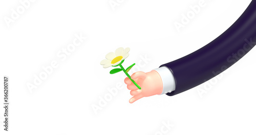 3d render cartoon business hand, chamomile flower