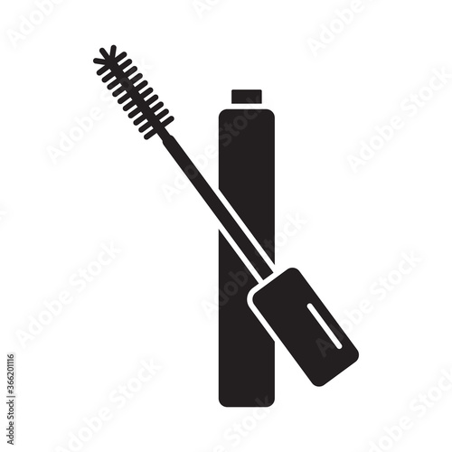 Cutout silhouette Open tube of mascara icon. Outline logo of makeup. Black simple illustration of eyelash brush and container. Flat isolated vector emblem on white background