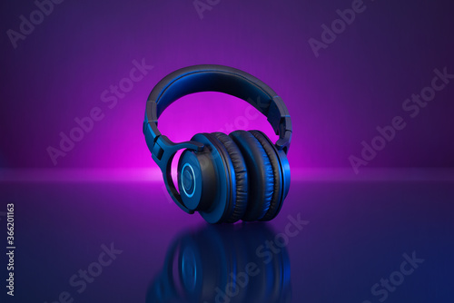 Wireless Gamer Headphones Dark Background and Neon Light.