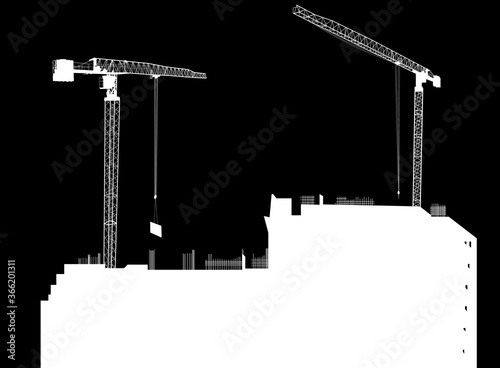 house building and two building tower cranes on black