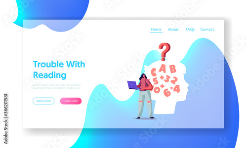 Dyslexia Disease Landing Page Template. Female Character with Laptop Stand at Huge Child Head with Letters and Digits