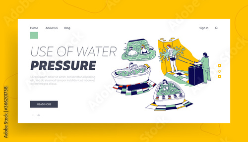 Characters Enjoying Hydromassage in Spa or Sanatorium Landing Page Template. Men or Women Sit in Tub with Gurgling Water