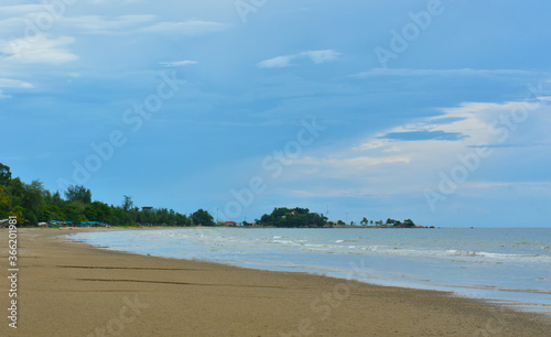 On the shores of the sea there is a beautiful blue sky  golden sand and the sea breeze.