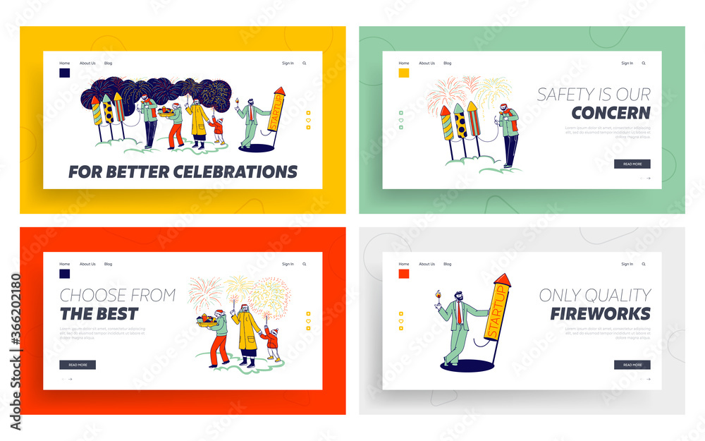 Characters Enjoying Fireworks Show Landing Page Template Set. Parents and Kids, Business Man Launch Start Up Project