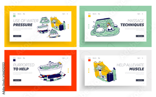 Characters Enjoying Hydromassage Landing Page Template Set. Men Women Sit in Bath Tub, Patient Procedure with Aqua Jet