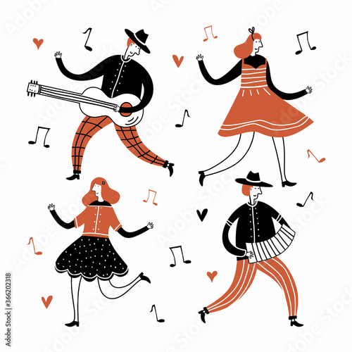 set flat elements of folk dance in childish style with jazz musician, music instrument, music note and happy people isolated on white background