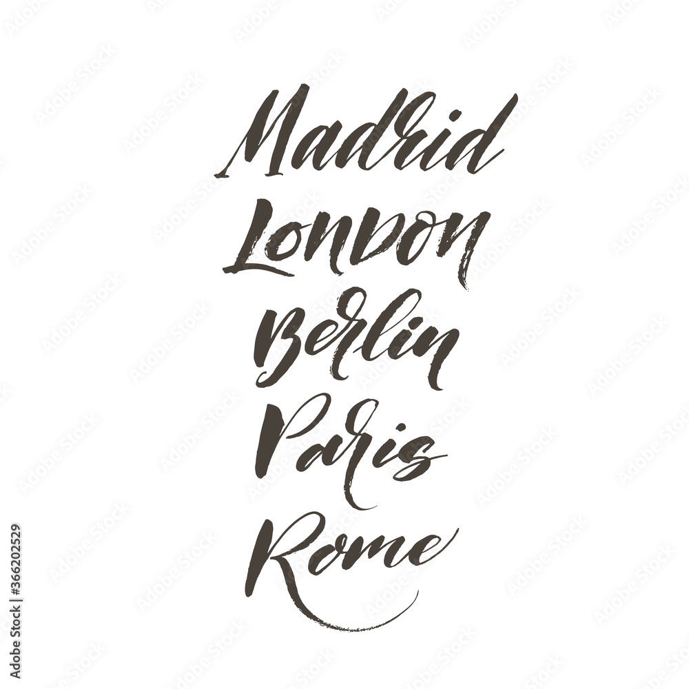 Collection brush style lettering of European capitals. Vector words Madrid, London, Berlin, Paris and Rome. Black paint lettering isolated on white background. Postcard, greeting card, t shirt print. Collection brush style lettering of European capitals. Vector words Madrid, London, Berlin, Paris and Rome. Black paint lettering isolated on white background. Postcard, greeting card, t shirt print.