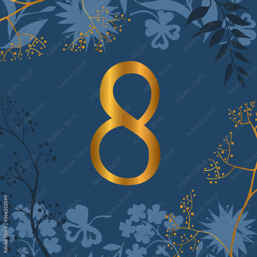 Wedding table number with hand-drawn floral elements and patterns. Vector illustrations