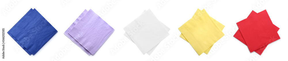 Set with colorful paper napkins on white background, top view. Banner design Set with colorful paper napkins on white background, top view. Banner design