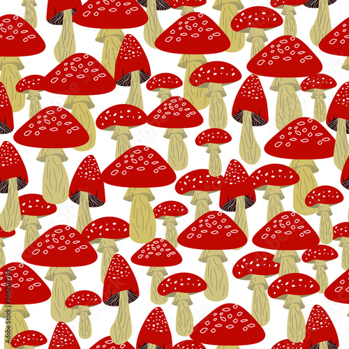 Pattern with red amanita mushrooms. Vector illustration on a white background. Seamless pattern for packaging, textiles, decor.