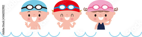 スイミング三人並ぶ子供て