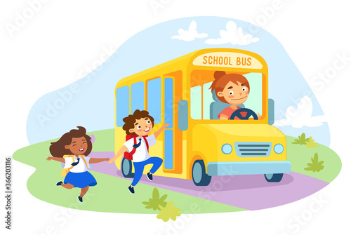 Little Schoolkids Character Holding Hands Wearing Rucksack and Uniform Climbing in Yellow Schoolbus with Woman Driver
