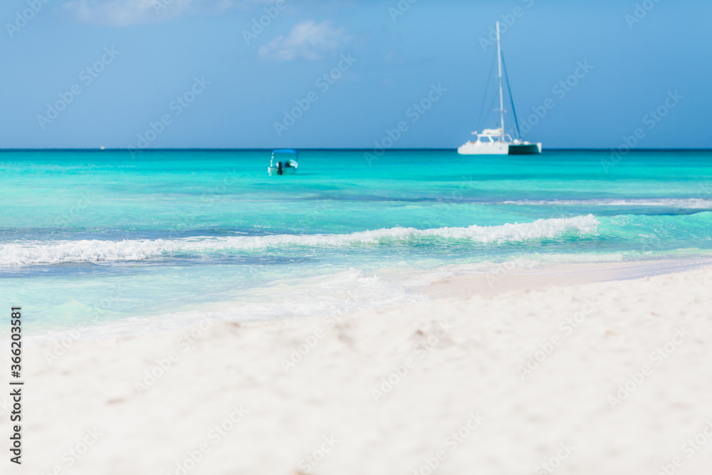 Vacation summer holidays background - sunny tropical Caribbean blue lagoon paradise beach with white sand and palms Vacation summer holidays background - sunny tropical Caribbean blue lagoon paradise beach with white sand and palms